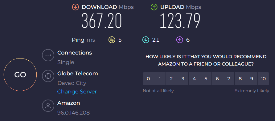 Main internet speed test screenshot.